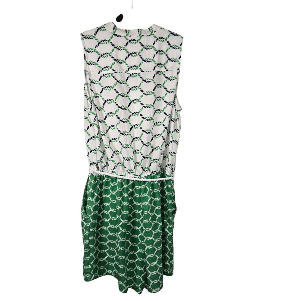 Tory Burch Green White Nautical Rope Print Romper Sleeveless Belted Linen Sz L - Picture 2 of 3